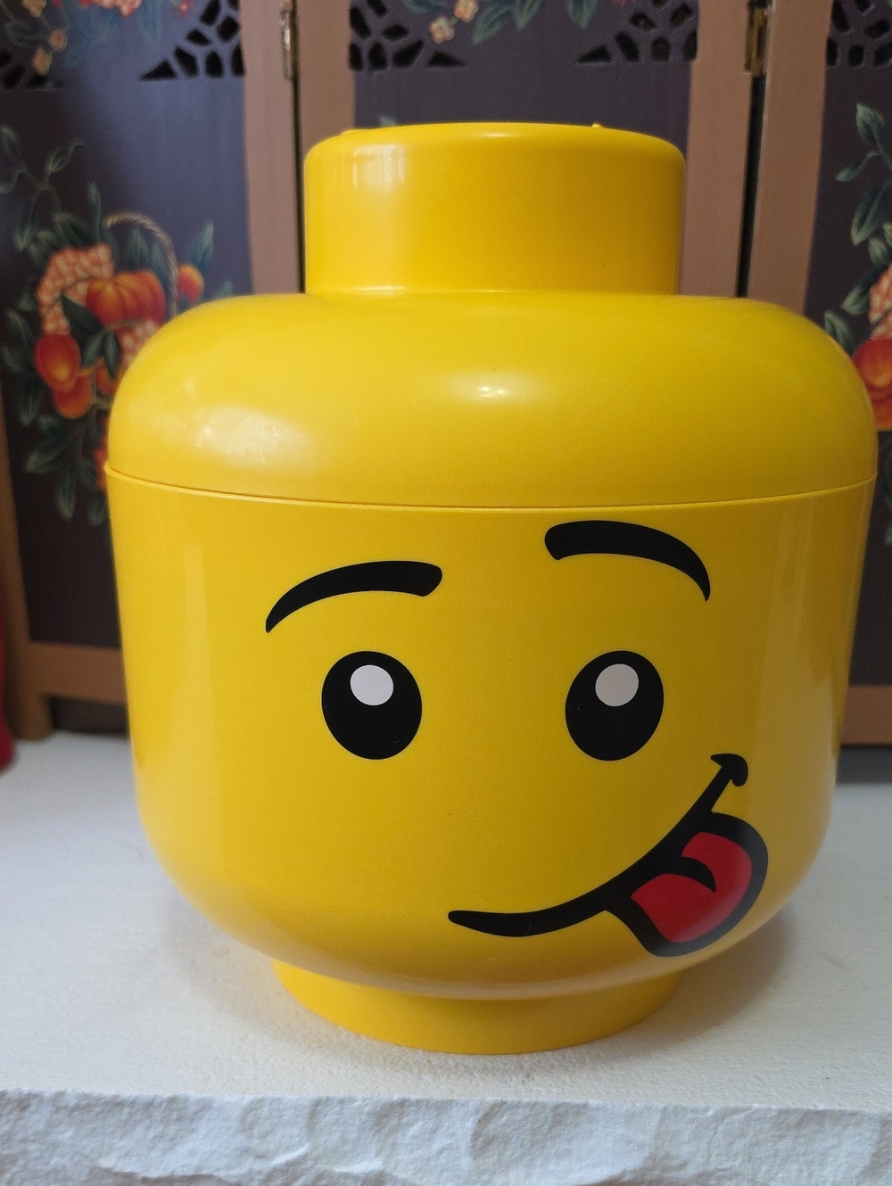 Lego Yellow Smiley Brick Head Storage Jar with Tongue-Out Face Full